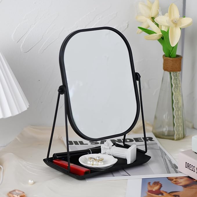 Tstarer 360 Degrees Rotating Metal Makeup Mirror with Storage, Vanity Mirror for Desk, Bathroom, Bedroom, Dressing Table (Black)