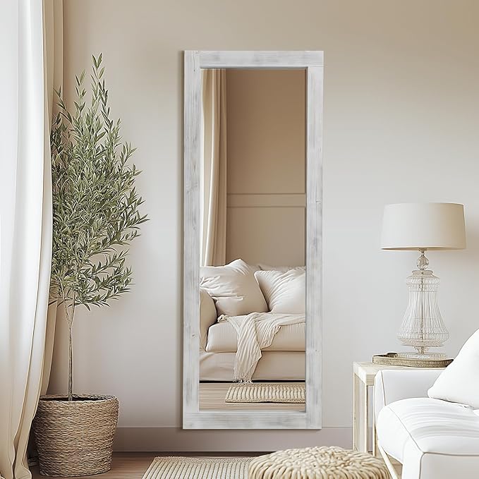 Rustic Farmhouse Full Length Mirror, 64"x21" Wood Frame Floor Mirror, Free Standing Mirror for Bedroom Living Room Cloakroom, Weathered White