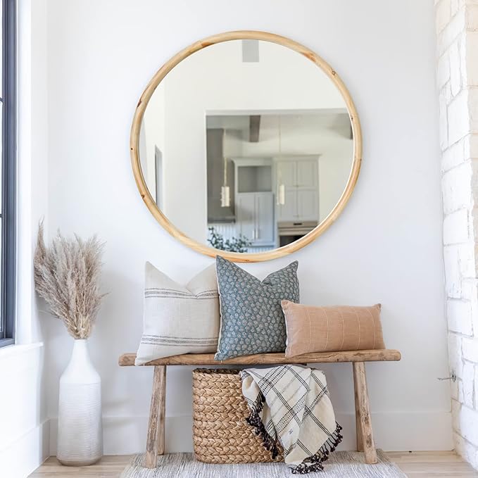 sawsile Round Wood Mirror 24" Natural Circle Wooden Nursery Farmhouse Rustic Decorative Large Wall Mirror for Bathroom,Living Room, Fireplace,Hallway