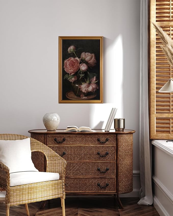 HUARCEY Framed Canvas Wall Art Prints, Bathroom Shelf Vintage Decor Aesthetic, Peony Floral Paintings Farmhouse Wall Decor, Retro Table Desk Decoration for Bedroom Living Room, 16x24Inch