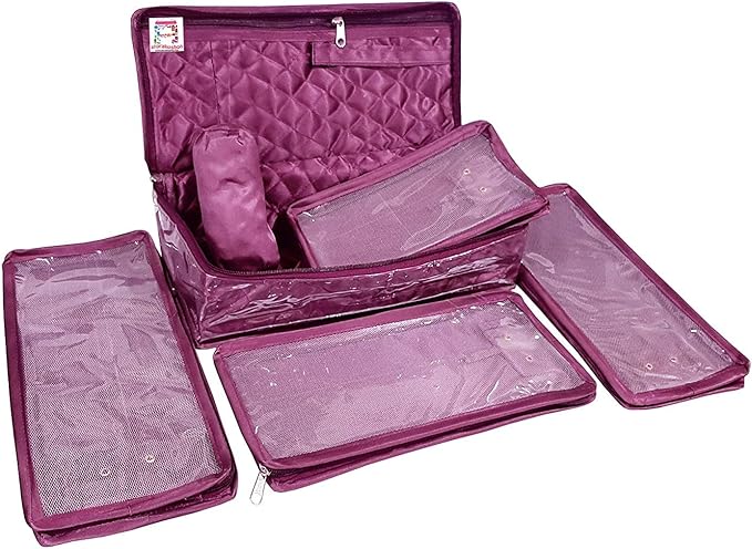 atorakushon Combo Satin Purple Make-Up Pouch Jewellery Box 4 Pouch 1 roll Bangle Bag with Velvet Cream Ring & Earring Folder Jewellery Organizer/Storage Box