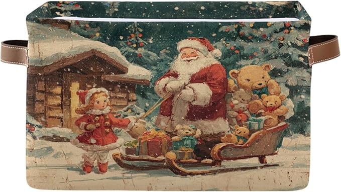 White Christmas Santa Claus Pattern Rectangular Storage Bin Basket with Handles - Organizer Bin for Clothes Books Laundry Basket for Pets Playroom