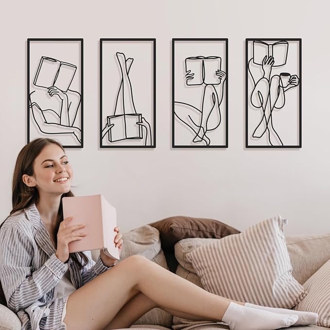 Bakovity Black Metal Wall Art, Minimalist Line Wall Decor, Abstract Woman Book Wall Decor, Modern Aesthetic Metal Art for Bedroom Bathroom Living Room (4 Pcs, 17 x 9 in)