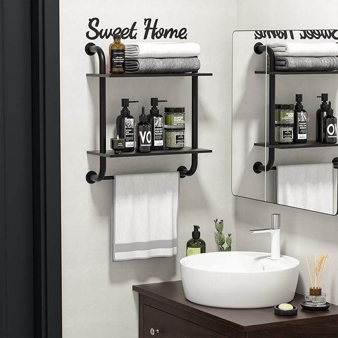 Tinpin Bathroom Shelves Wall Mounted, Rustic Farmhouse Pipe Shelves, Wall Shelves 2-Tier, Industrial Pipe Shelving, Floating Shelf Decor for Bathroom, Bedroom, Living Room Thanksgiving 17.3in Black