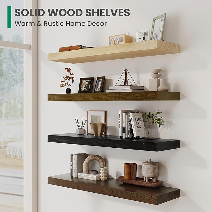 Solid Wood Floating Shelves For Wall, 55”W x 9”D x 1.56”H Large Wall Shelves for Living Room Bedroom Bathroom Kitchen Drcor Storage with Invisible Heavy-Duty Metal Bracket, Natural, Set of 1