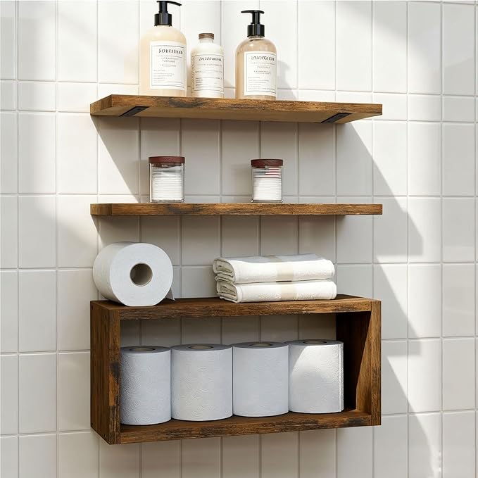 Wall Mounted Floating Shelf, c Long for Bedroom Living Room Kitchen Staircase Bathroom Above Toilet Wall Decoration Book Storage Room Recoration (3piece Set) Brown