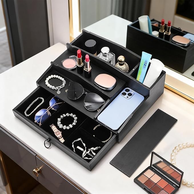 Foraineam Perfume Organizer, 3 Tier Wood Perfume Display Stand for Dresser, Black Wooden Fragrance Holder Shelf Display Risers with Felt Lining Drawer and Hidden Compartment