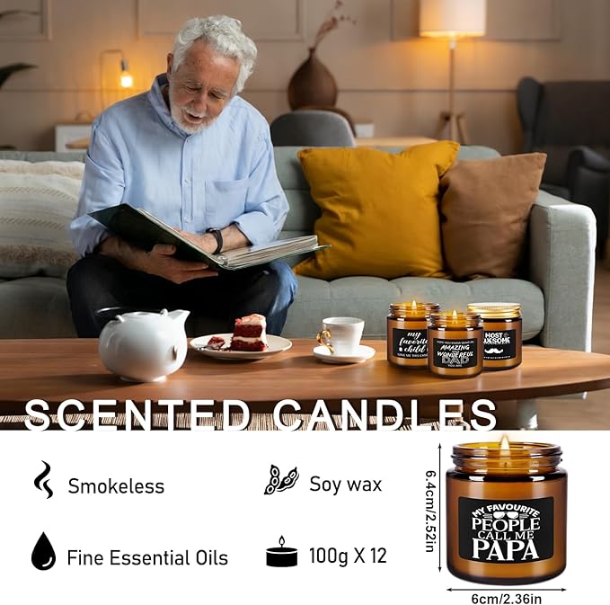 12-Pack Amber Jar Scented Candles, 3.5oz, Natural Soy Wax and Premium Essential Oils. Gift for Father’s Day, Ideal for Study Home & Office Aromatherapy.