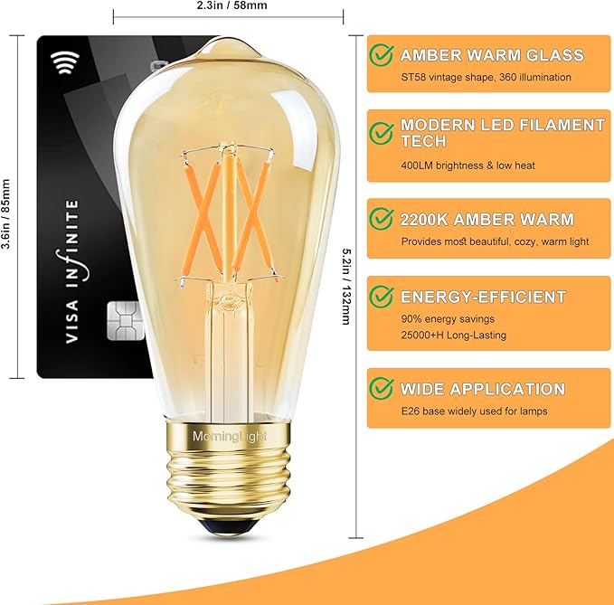 Dimmable ST58 LED Edison Bulbs 40W Equivalent, 2200K Amber Warm Light, E26 Base Vintage Light Bulbs, 4W 400LM Antique Decorative Filament Bulb for Farmhouse Pendant, Porch, Home Decor, 6 Pack