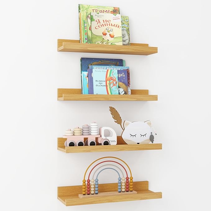 Axeman Picture Ledge Shelf | 16 Inch Oak Floating Shelves Set of 4 | Rustic Wood Wall Shelves with Lip | 16" Picture Shelves for Wall with Ledge | Oak Photo Shelves