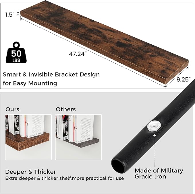 Venusmiles Floating Shelves for Wall 48 inch Long, Engineered Wood Wall Shelves with Invisible Brackets for Living Room Bedroom Bathroom Office Kitchen Decor and Storage, Rustic Brown, Set of 2