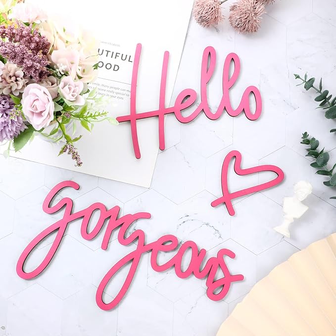 Blulu Hello Gorgeous Wall Decor Sign Hello Gorgeous Wall Art Minimalist Wooden Words Decor for Lash Room, Salon, Vanity or Makeup Room, Bathroom, Bedroom, Office(Pink)
