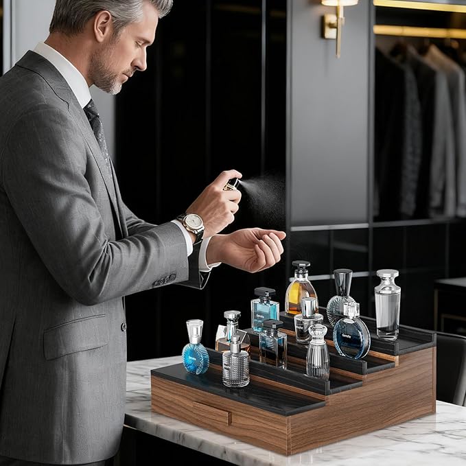 Solid Walnut Cologne Organizer for Men,Cologne Stand,4 Tier Wooden Cologne Holder Shelf Display,Perfume Stand Organizer with Drawer Storage and Hidden Compartment,Gift for Men Dad Husband