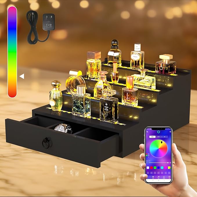 RGB LED Lighting Perfume & Cologne Organizer for Men with APP Control, Music Beat Sync LED, Cologne Stand Shelf, 4-Tier Black Wood, Ideal Gift for Men,Includes 12V Power Adapter for Instant Use