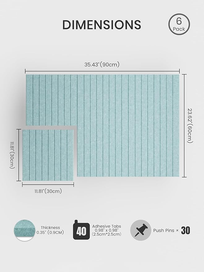 Bumusty Large Cork Board Alternative-36 x 24" Felt Bulletin Board Tiles, with 30 Pushpins, 40 Adhesive Tabs, Fine-Stripe 6-Pack, Cork Boards for Office Push Pin Board Felt Board-Aqua Blue