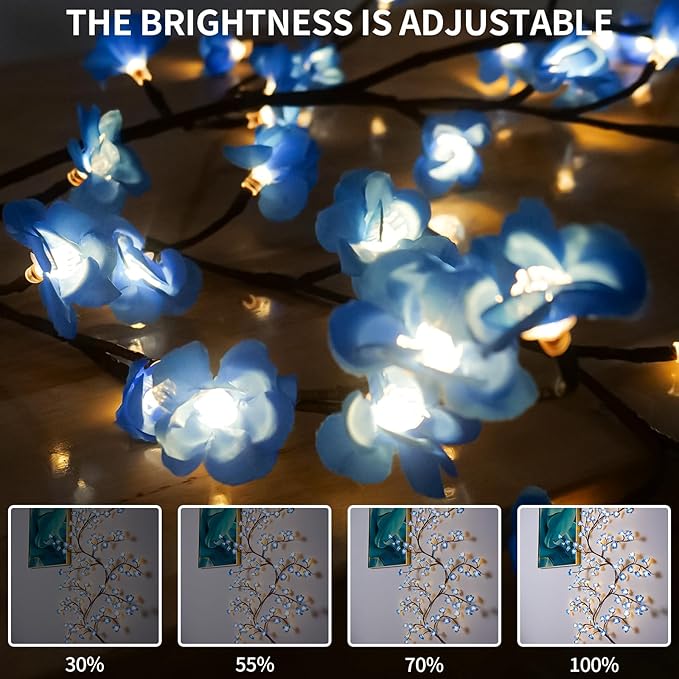 FNHMSL Cherry Enchanted Willow Vine Lights, 4FT 48LED Blue Cherry Blossom Tree Branch Lights for Wall with USB Battery Box,Remote Timer,8 Light Model, Indoor Bedroom Wall Doors Wedding, Christmas