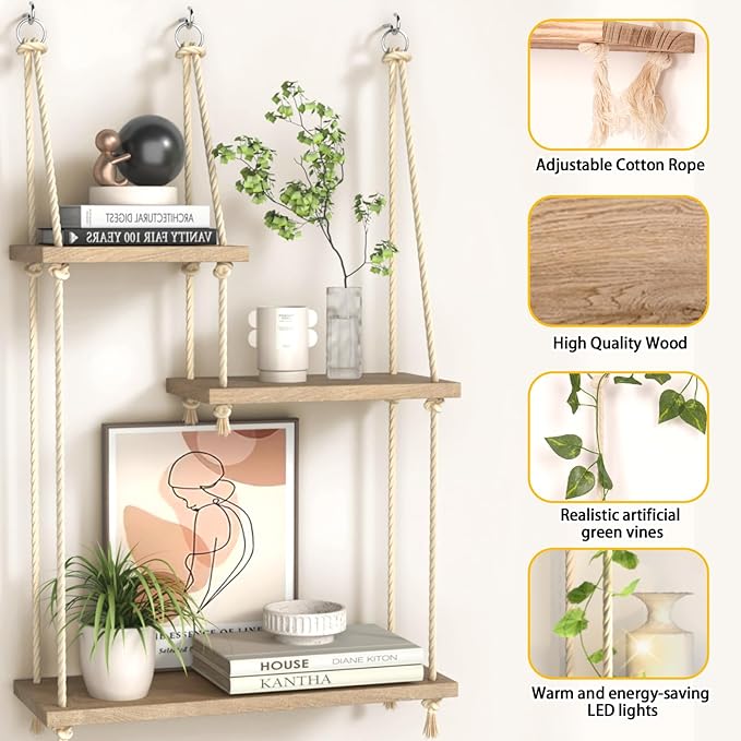 Hanging Shelves for Wall 3 Tier Macrame Rope Floating Shelves with Vine Lights Boho Wall Mounted Decor Wood Organizer Storage Rack for Bedroom, Bathroom, Kitchen