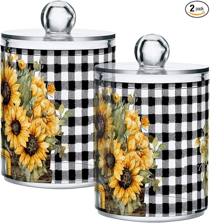 2 Pack Apothecary Jars Yellow Truck with Sunflowers Bathroom Vanity Storage Organizer Set,Small Clear Plastic Storage Jars Bathroom Canister for Cotton Swabs, Rounds, Balls, Qtips,Makeup Sponge