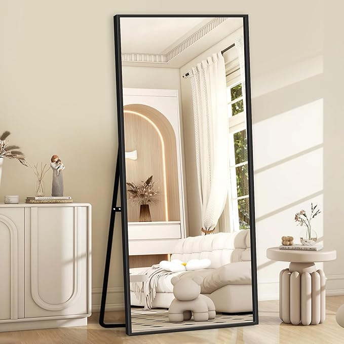 GlasFlength Full Body Mirror with Stand, 71" x 32" Full Length Mirror with Aluminum Alloy Frame Wall-Mounted/Leaning Against Wall/Floor Standing Mirror for Home Decor, Black