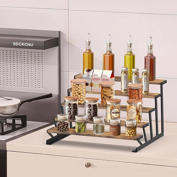 KALYLOC 5 Tier Wooden Display Riser Stand 13.8 Inch Metal Step Perfume Stand Organizer Tabletop Tiered Display Shelf Rack for Cologne Cupcake Spice Figures Cosmetics Candles (Brown, Z-Shape)