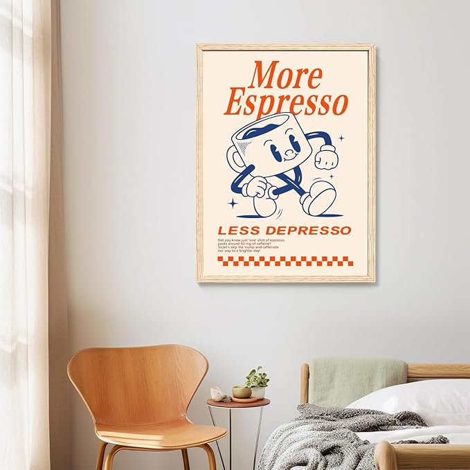 Cyebmo Funny Coffee Wall Art, Vintage Cafe Kitchen Wall Decor, More Espresso Less Depresso Art Prints, Beige Dorm Poster Print for Home Office Coffee Bar Kitchen, Wood Framed Ready to Hang 16x24 Inch