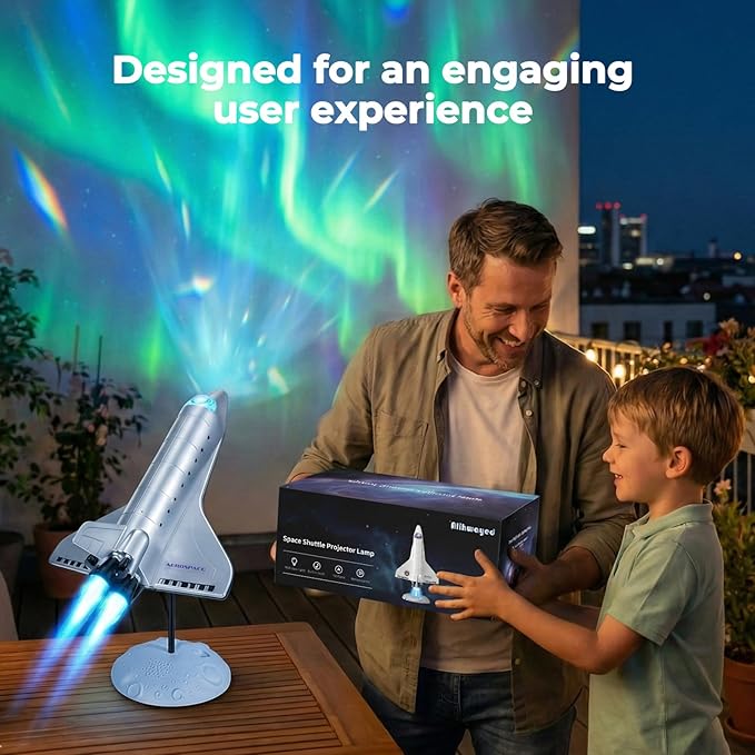 Space Shuttle Galaxy Projector Lights, Dynamic Nebula Night Light with Colorful Tail Jet Flame & Multiple Scene Music Effects, Metallic Texture for Bedroom, Birthday for Kids and Adults