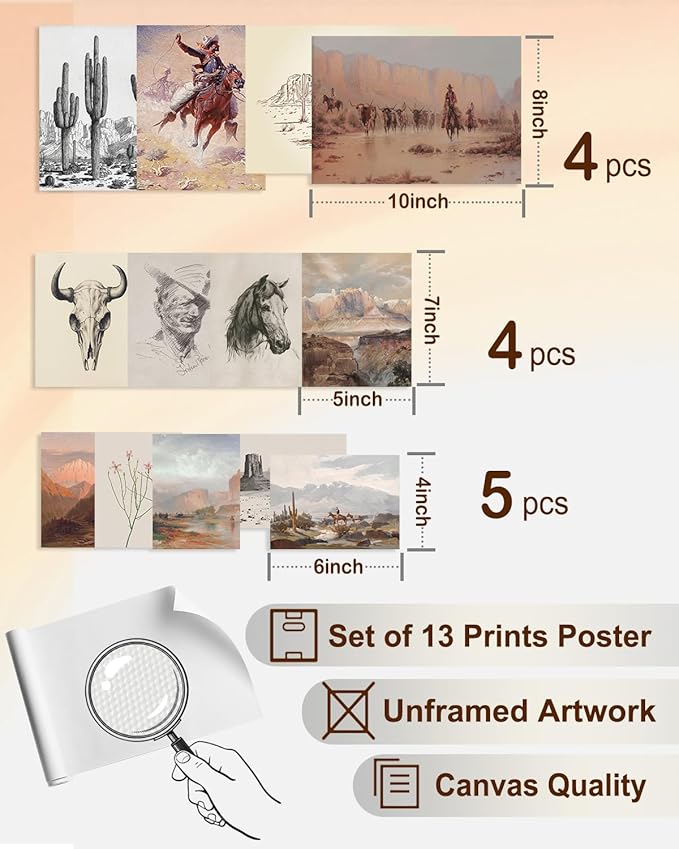 KBKBART Vintage Western Wall Art Prints, Farmhouse Western Cowboy Canvas Pictures, Southwestern Boho Ranch Desert Wall Decor Aesthetic for Bedroom, Bathroom Decor, Southwest Prints for Home (Unframed- Set of 13)