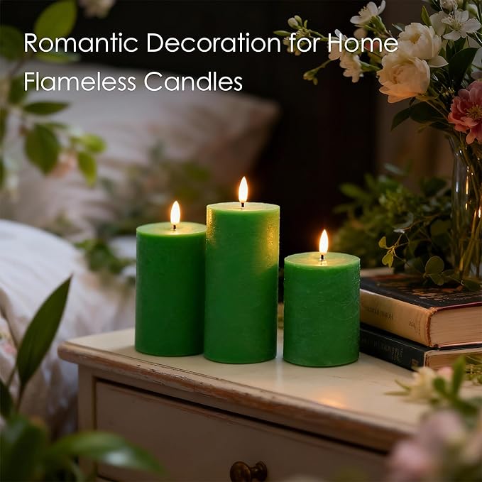 LUSHARBOR LUSHABOR Green Flameless Candles, Battery Operated Candles for St. Patrick’s Day, Real Wax LED Fake Candles for Spring Decor Party Centerpiece Green Set of 3