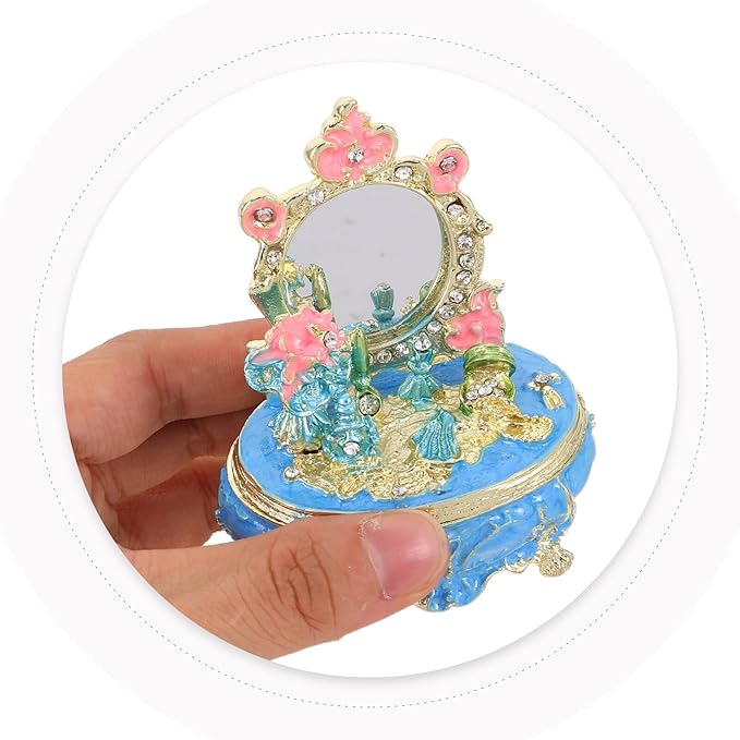 POPETPOP Enamel Jewelry Trinket Box Hand-painted Metal Decorative Storage Case with Hinged Lid Blue for Dressing Table Makeup Room Organizer