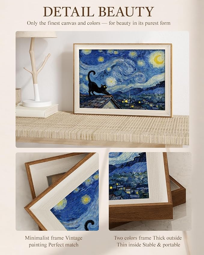 VIYYIEA Vintage Framed Wall Art for Living Room, Stargazing Black Cat Canvas Prints, Oil Painting Home Decor, Van Gogh Picture, Bathroom Wall Decor Gifts for Friends or Family - 16L x 12W