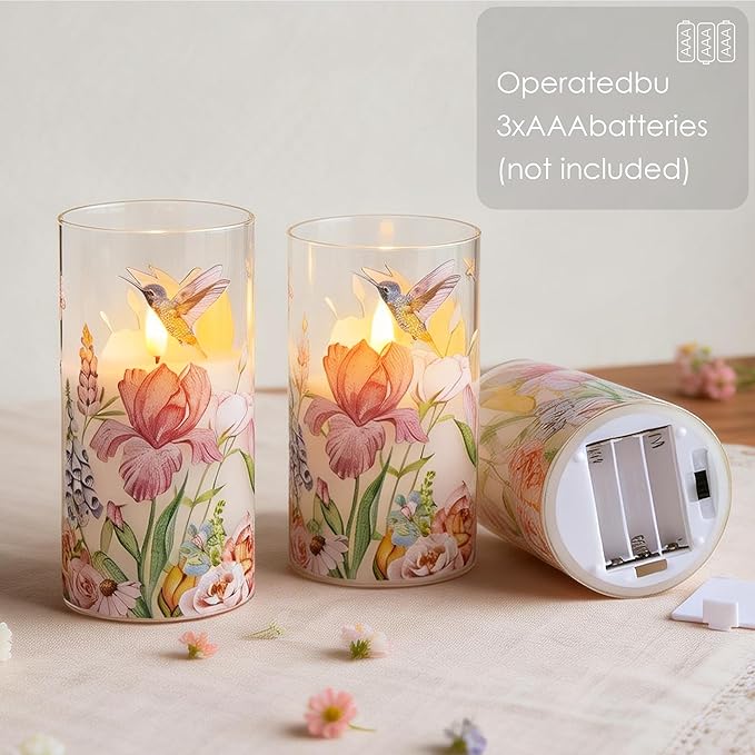 LUSHARBOR Flameless Candles with Remote, Battery Operated Glass Candles Hummingbird Flickering LED Electric Pillar Candles Real Wax Floral Christmas Decor Set of 3