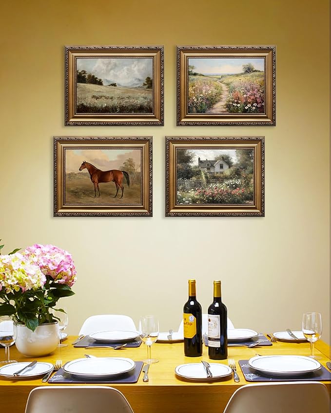 KBKBART Gold Framed Vintage Wildflower Countryside Canvas Oil Painting Farmhouse Decor, Rustic Antique Landscape Spring Decor for Bedroom Living Room, Gifts for Friends or Family (12"x16")