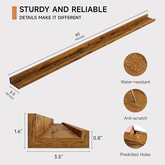 Fun Memories Picture Ledge Shelf, 60 Inch Floating Shelves Set of 2, Large Book Shelves for Toys Storage, Kids Bookshelf Wall Mounted for Wall Decor Books Photo Frames, Rustic Brown