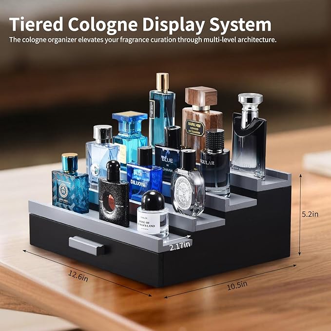 Perfume Organizer for Men, 4 Tier Wood Perfume Display Stand with Velvet Lining Drawer and Hidden Compartment for Watch,Jewelry,Perfume Display Risers,A Gift for Men (Black+Gray)