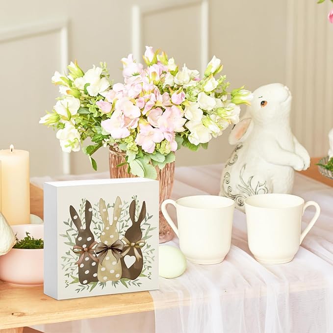 Easter Decor, Rabbit Wooden Box Sign, Rustic Easter Tiered Tray Decorations, Farmhouse Bunny Table Centerpiece Sign for Party Home Kitchen Dining Table Decor 5x5
