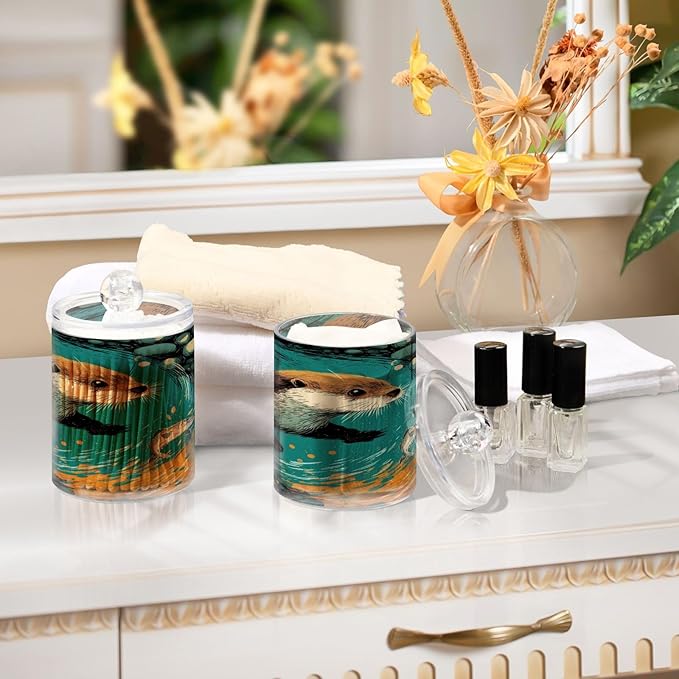2 Pack Apothecary Jars,Otter in Glowing Currents Bathroom Vanity Storage Organizer Set,Small Clear Plastic Storage Jars Bathroom Canister for Cotton Swabs,Rounds,Balls,Qtips,Makeup Sponges