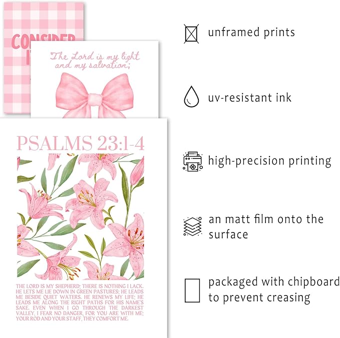ANERZA 16 PCS Christian Coquette Wall Art Decor, Pink Bow Bible Verses Gallery Wall Prints for Bedroom Nursery, Jesus Posters for Living Room Aesthetic, Scripture Preppy Dorm Collage Kit for Girls Kids