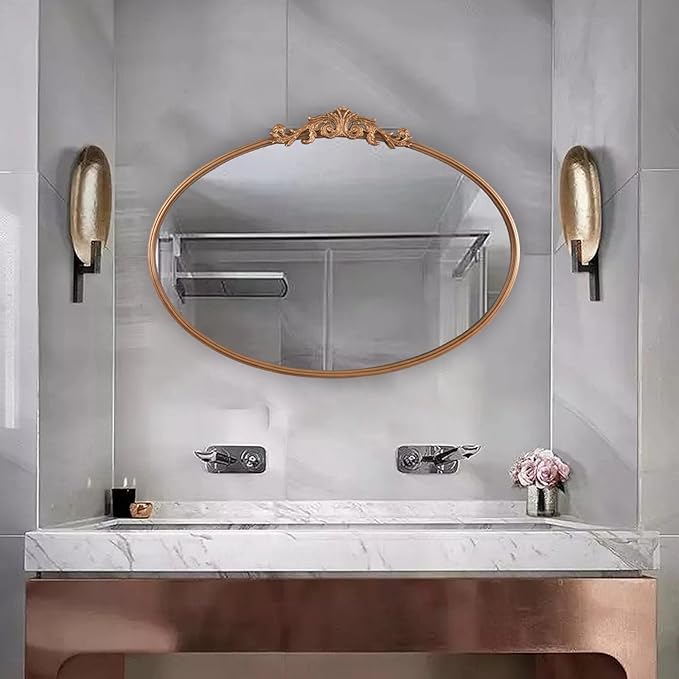 HQiJun Oval Gold Mirror for Bathroom Vanity, Baroque Ornate Vintage Wall Mirror with Large Rounded Metal Frame, Decorative Antique Brass Mirror for Bedroom, Dresser, Entryway (Gold, 24”x 35.5" x1.2")