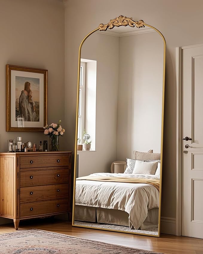 Antok Arched Full Length Mirror, 76"x34" Floor Mirror with Carved, Full Body Mirrors for HomeDecor, Standing/Halling Large Wall Mirror for Bedroom, Living Room, Cloakroom, Gold, Retro Style