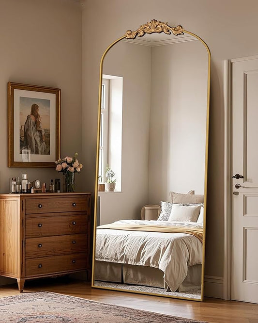 Antok Arched Full Length Mirror, 76"x34" Floor Mirror with Carved, Full Body Mirrors for HomeDecor, Standing/Halling Large Wall Mirror for Bedroom, Living Room, Cloakroom, Gold, Retro Style