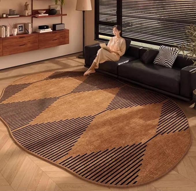 Dark Brown Black Stripes Irregular Rug 9x12 Retro Aesthetics Irregular Shaped Area Rug for Living Room Bedroom Guestroom Washable Carpet Geometric Art Deco Playroom Apartment Non Slip Floor Mats