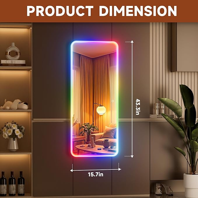 Hasipu 43"x15.7" LED RGB Door Mirror Full Length, Full Body Full Length Over The Door Mirror with Lights, Door Hanging & Wall Mounted Mirror for Bedroom, Living Room, Cloakroom