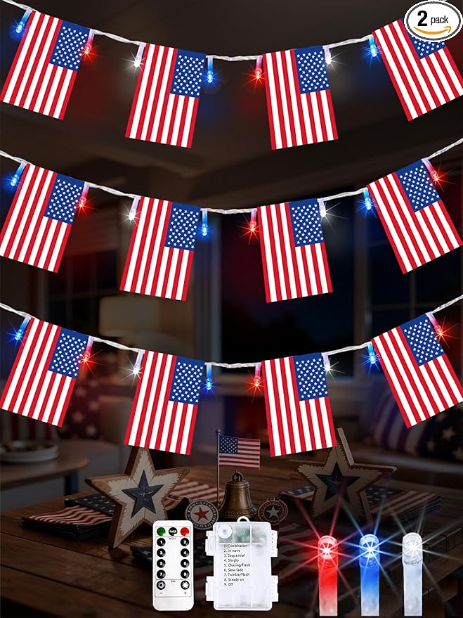 4th of July Patriotic Lights, 2PK 48FT 100LED Red White Blue String Lights with 50 American Flags, Battery Operated Waterproof 8 Modes & Remote & Timer for 250th Anniversary Independence Day Decor