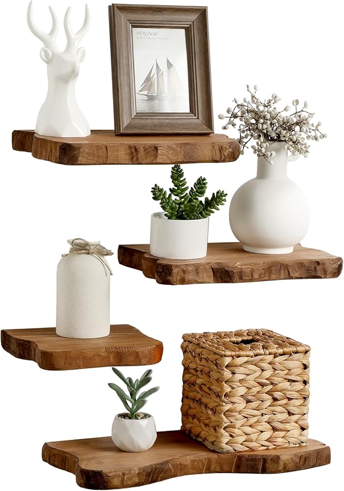Pinkunn 4 Pcs Floating Shelves for Wall Wooden Live Edge Shelf Wall-Mounted Natural Solid Wood Bedroom Kitchen Storage Living Room Nursery Decor (15.8/11.8/7.9 Inch)