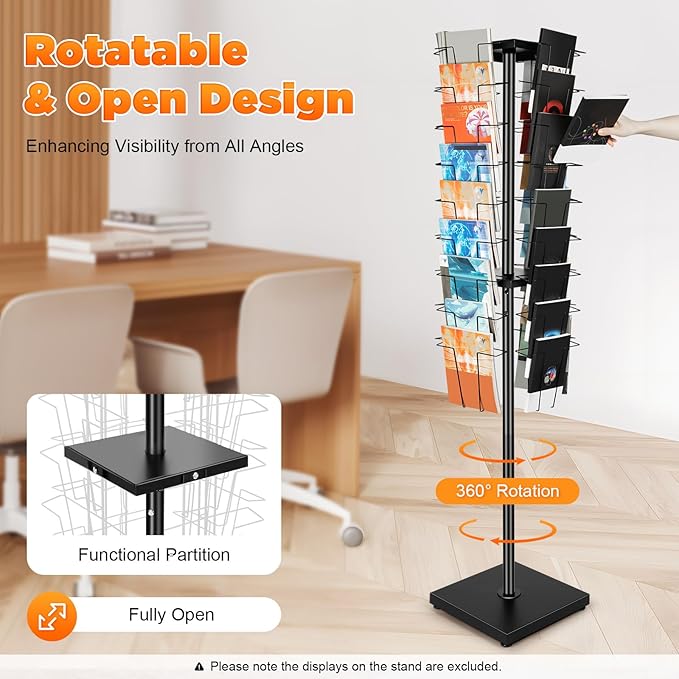 360°Rotating Shelf, 36 Pockets Metal Rotated Organizer Stand Magazine Rack 36 Pocket Rotating Magazine Rack 132.3lbs Load Capacity for Display In Offices, Audiovisual Stores, schools