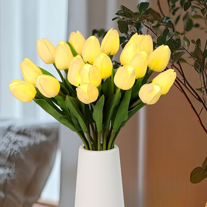 HOMESEASONS Pre-Lit 20pcs LED Lighted Fake Flowers Artificial Tulips Real Touch Tulip Bouquet 15" Faux Tulips for Easter Decor Spring Decor Mother's Day Home Kitchen Wedding Decorations(Cream)