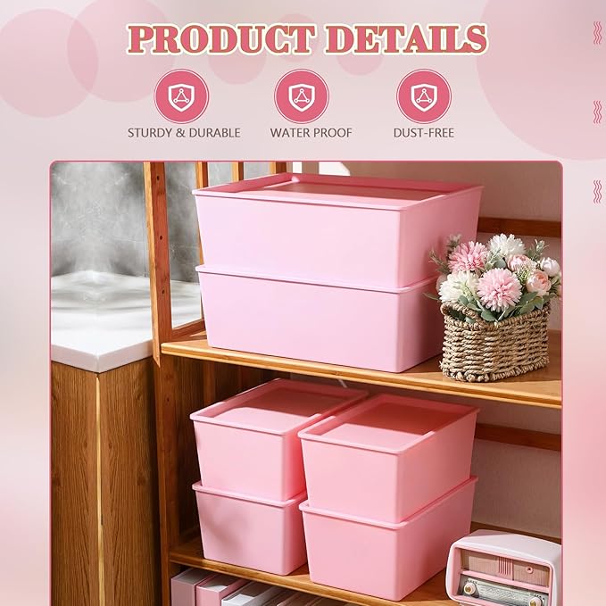Menkxi 6 Pcs Large and Small Plastic Storage Bins with Lids 14.4 x 10.4 x 5.1 Inch Stackable Storage Containers Decorative Cubby Organizer for Clothes Shelves Garage Closet Office(Pink)