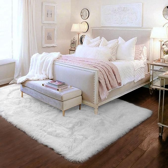 White Runner Area Rugs for Bedroom, Shag Fluffy Bedside Rug for Living Room, Modern Furry Shaggy Throw Rug for Kids Room, Teen Girls, Dorm, Baby Nursery, Cute Fuzzy White Carpet, 3x5 Rug, Home Decor