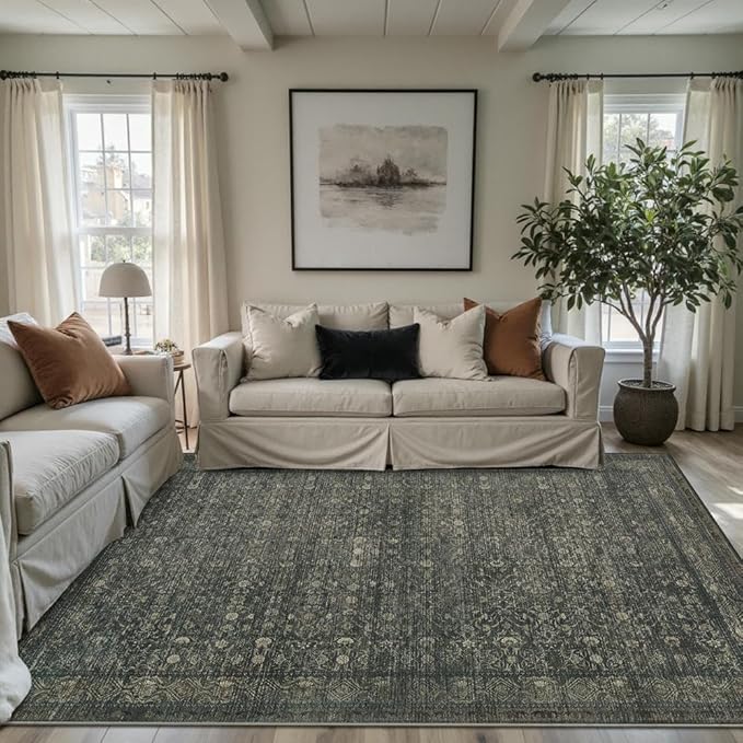 Vintage Area Rugs 5x7, Washable Rugs for Living Room, Green Boho Floral Rug for Office, Dining Room and Farmhouse, Durable Low Pile Non-Slip Area Rug for High Traffic Areas(Moss Brown)