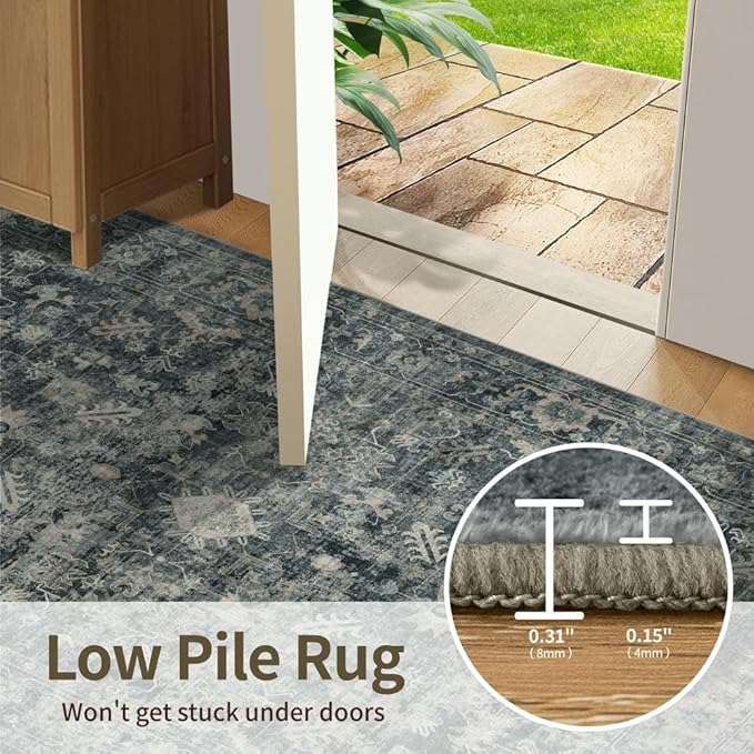 Rugxara 9x12 Area Rugs for Living Room Bedroom, Large Washable Rug, Blue Vintage Retro Boho Rug, Non Slip & Low Pile Faux Wool Thin Carpet for Indoor Dining Room and Kids Room(Blue 9x12ft)